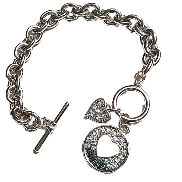 GUESS Silver-tone Heart Charm Toggle Bracelet - Crystal Pavé Charms Link Chain - Picture 10 of 13